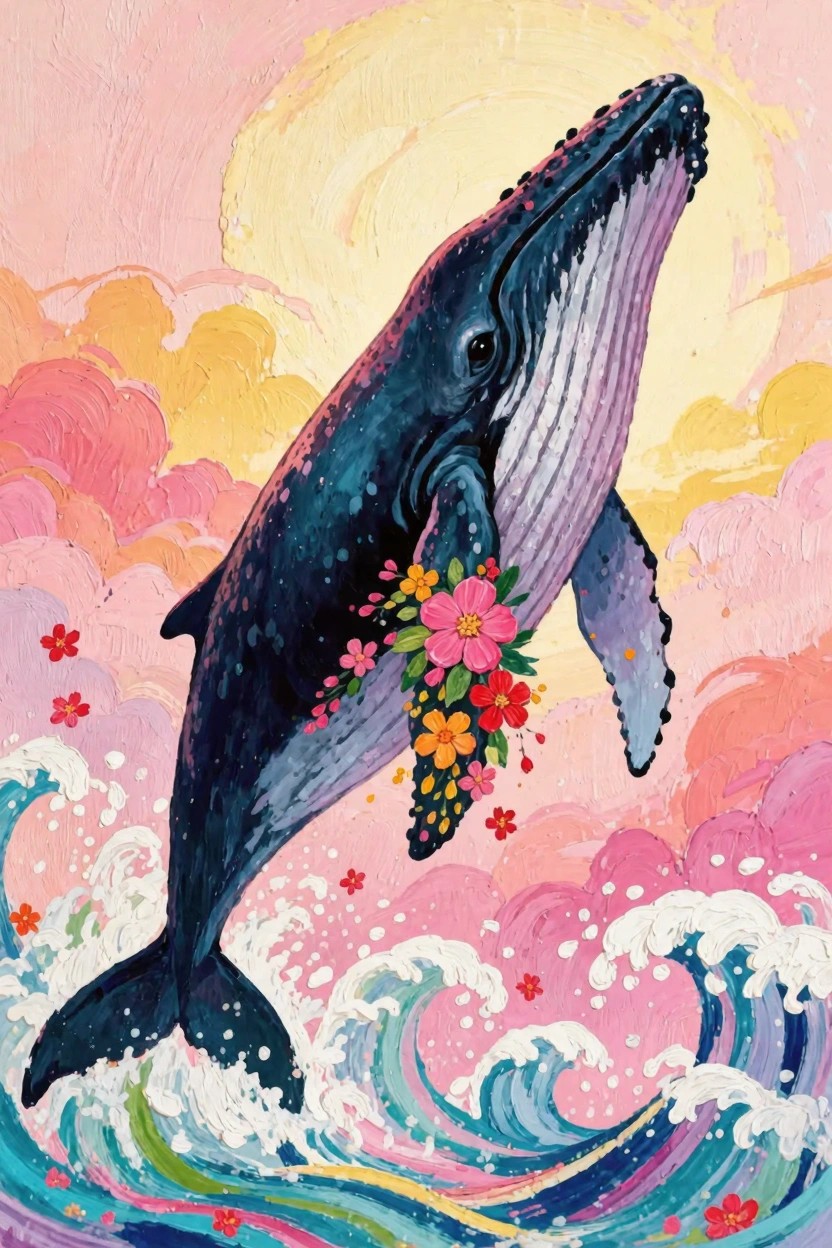 A dark humpback whale leaps from blue waves with pink and orange flowers on its flipper, against a pink-orange-yellow sunset sky.