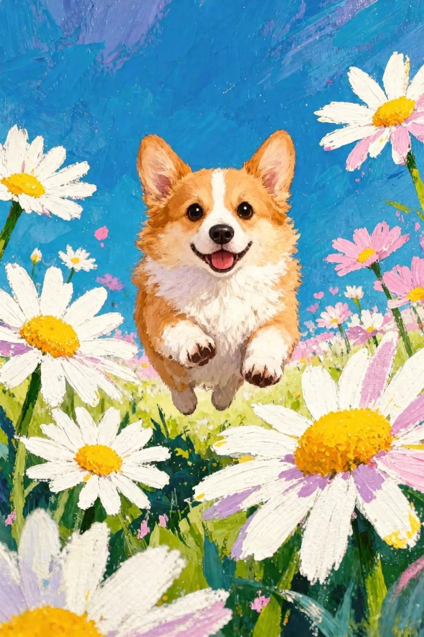 A brown-and-white corgi dog jumps joyfully through a field of white daisies under a blue sky in a colorful painting style.