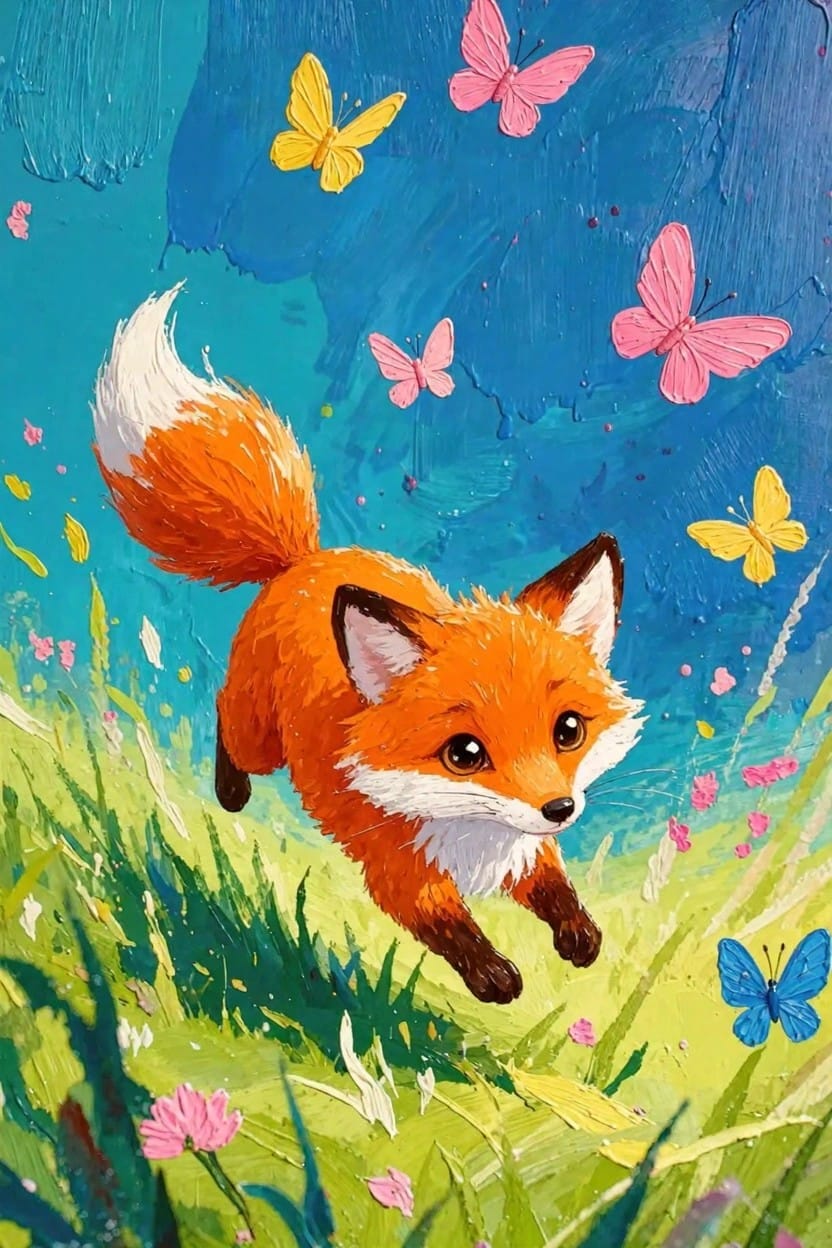 Orange fox leaping forward through green grass with pink flowers, yellow and blue butterflies, and a blue-green background.