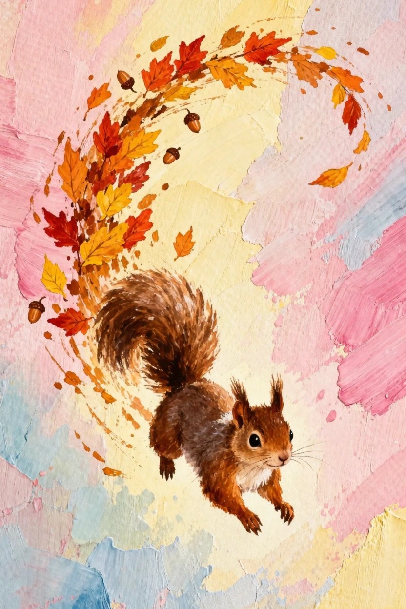 Watercolor-style painting of a brown squirrel leaping rightward amid swirling orange autumn leaves and acorns on a pink-to-blue pastel background.