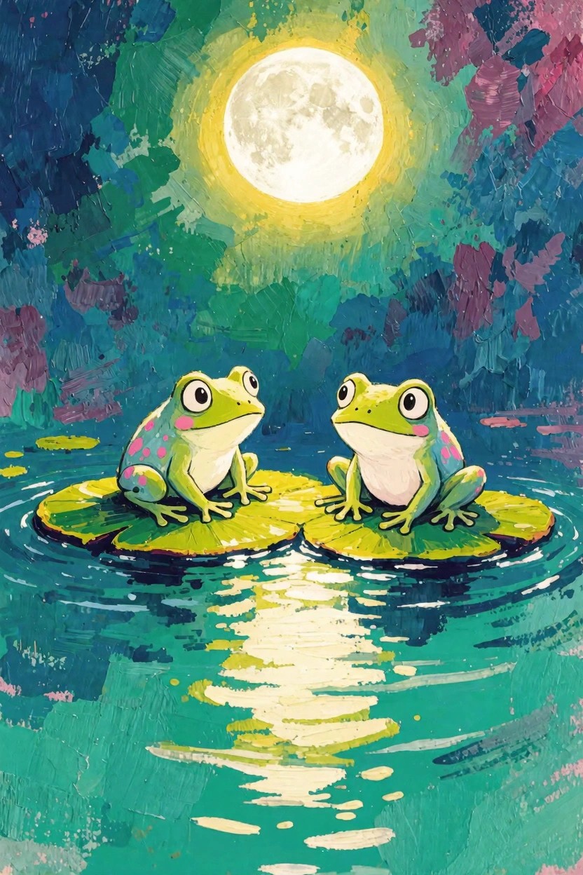 Two green frogs with pink accents sit on green lily pads in a pond at night under a glowing yellow full moon with purple and green background and water reflections.