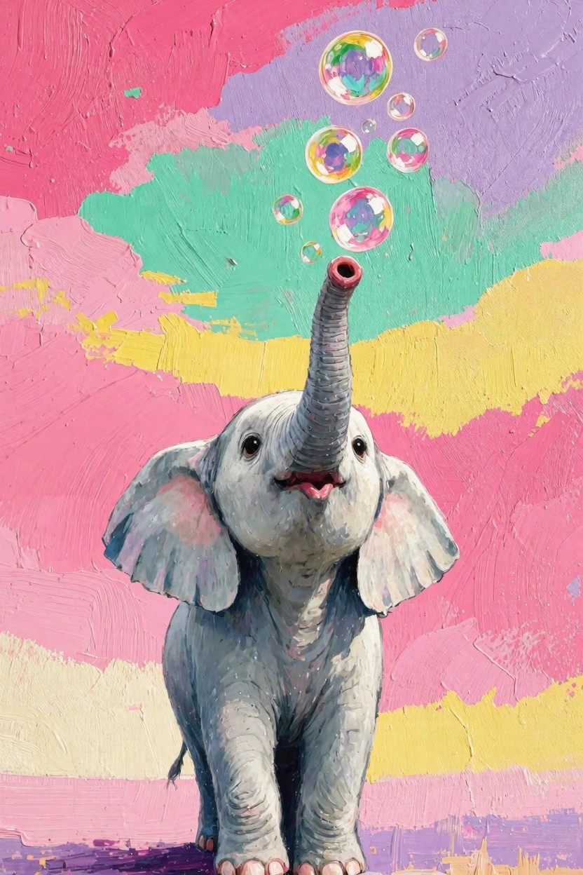 A baby elephant blows colorful bubbles from its trunk against a pink, purple, green, and yellow abstract background.