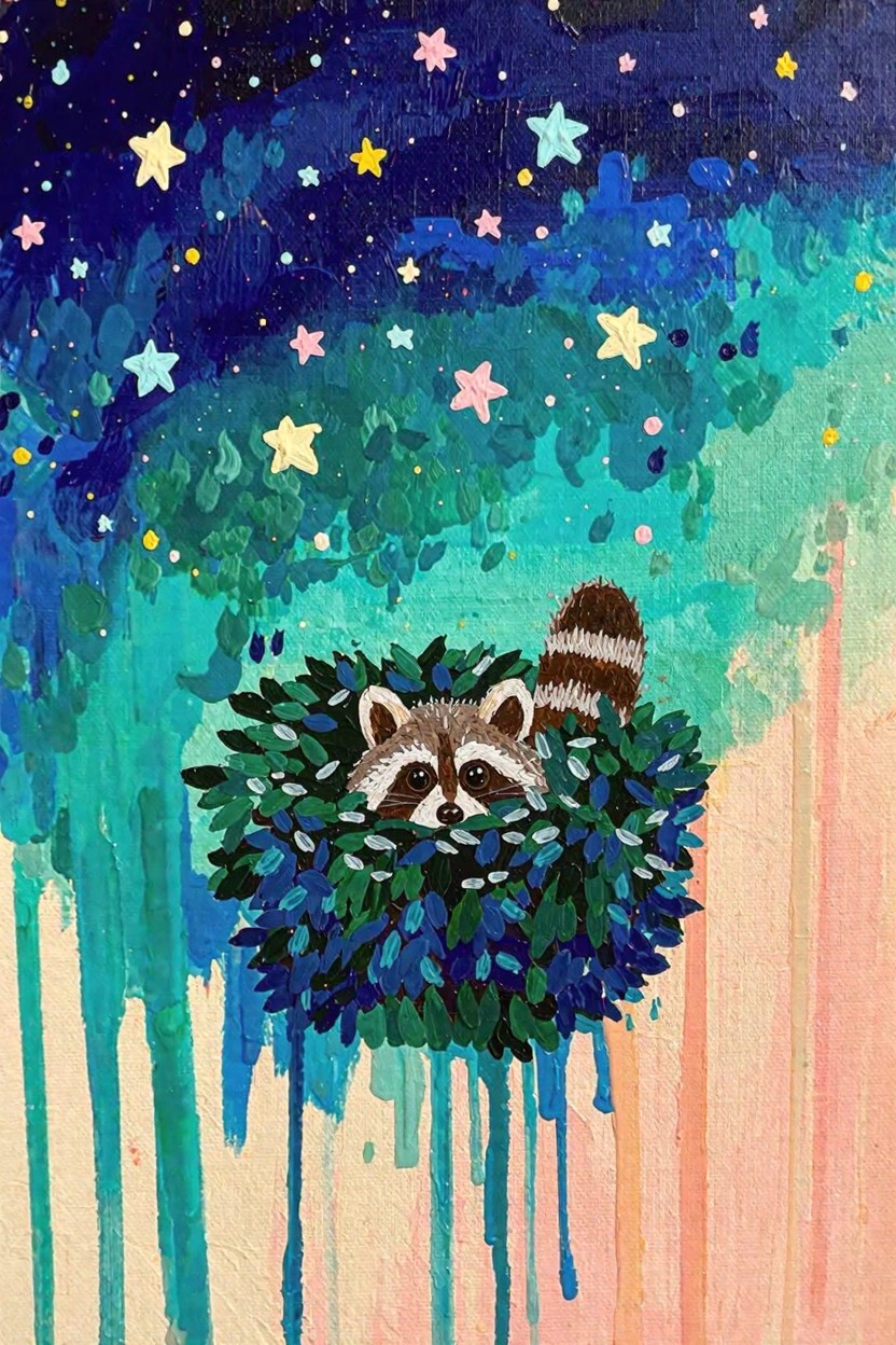 A colorful acrylic painting of a raccoon peeking from a green leafy nest against a starry blue-to-pink gradient sky with dripping paint at the bottom.