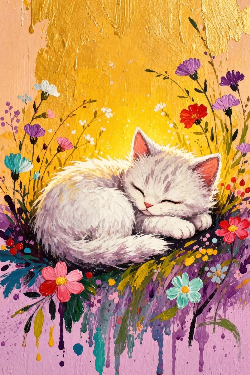 A white kitten sleeps curled up in colorful flowers on a golden background with pink and green paint drips.