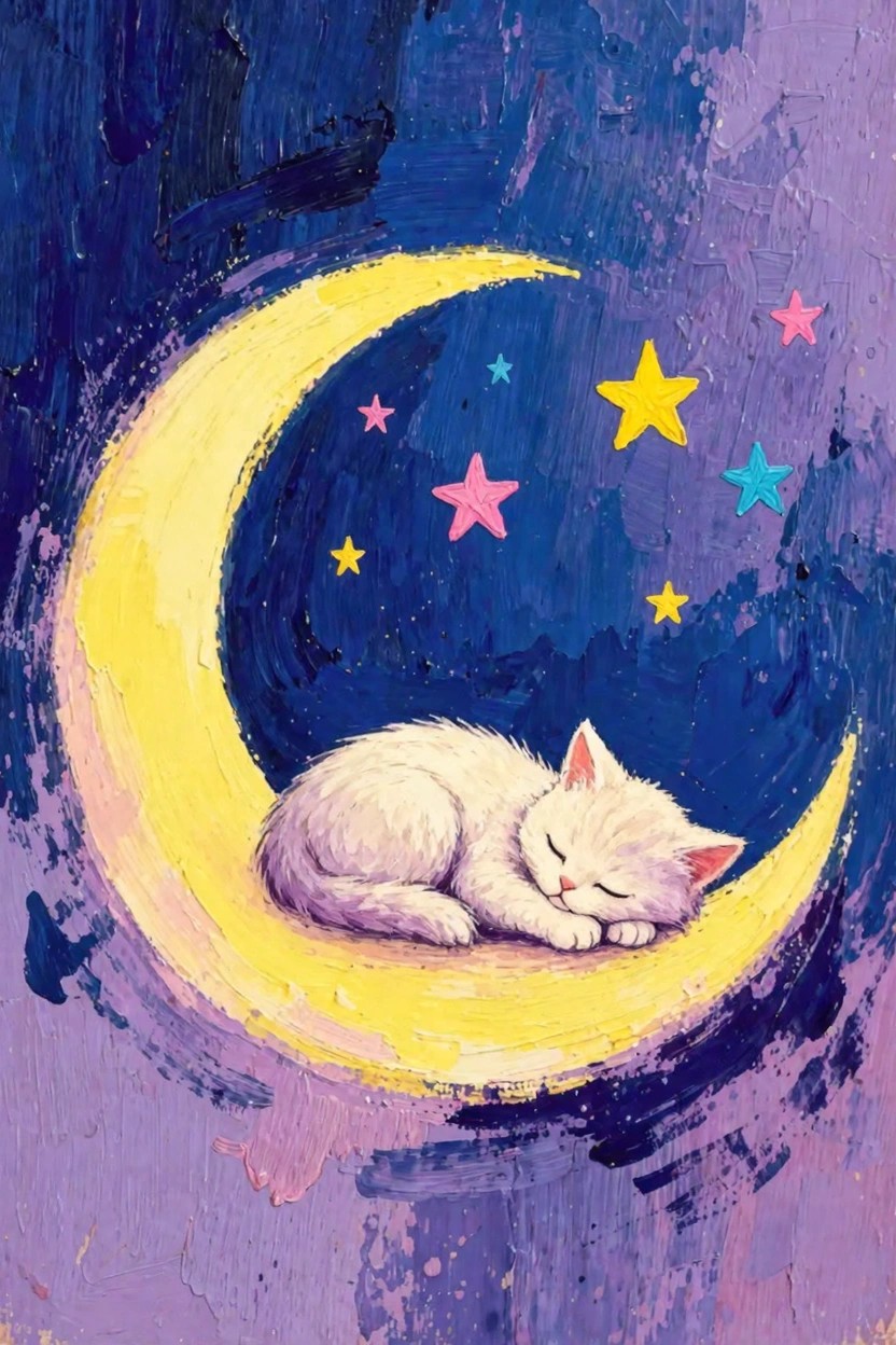 A fluffy white kitten sleeps curled up on a yellow crescent moon in a purple starry sky with pink and yellow stars.