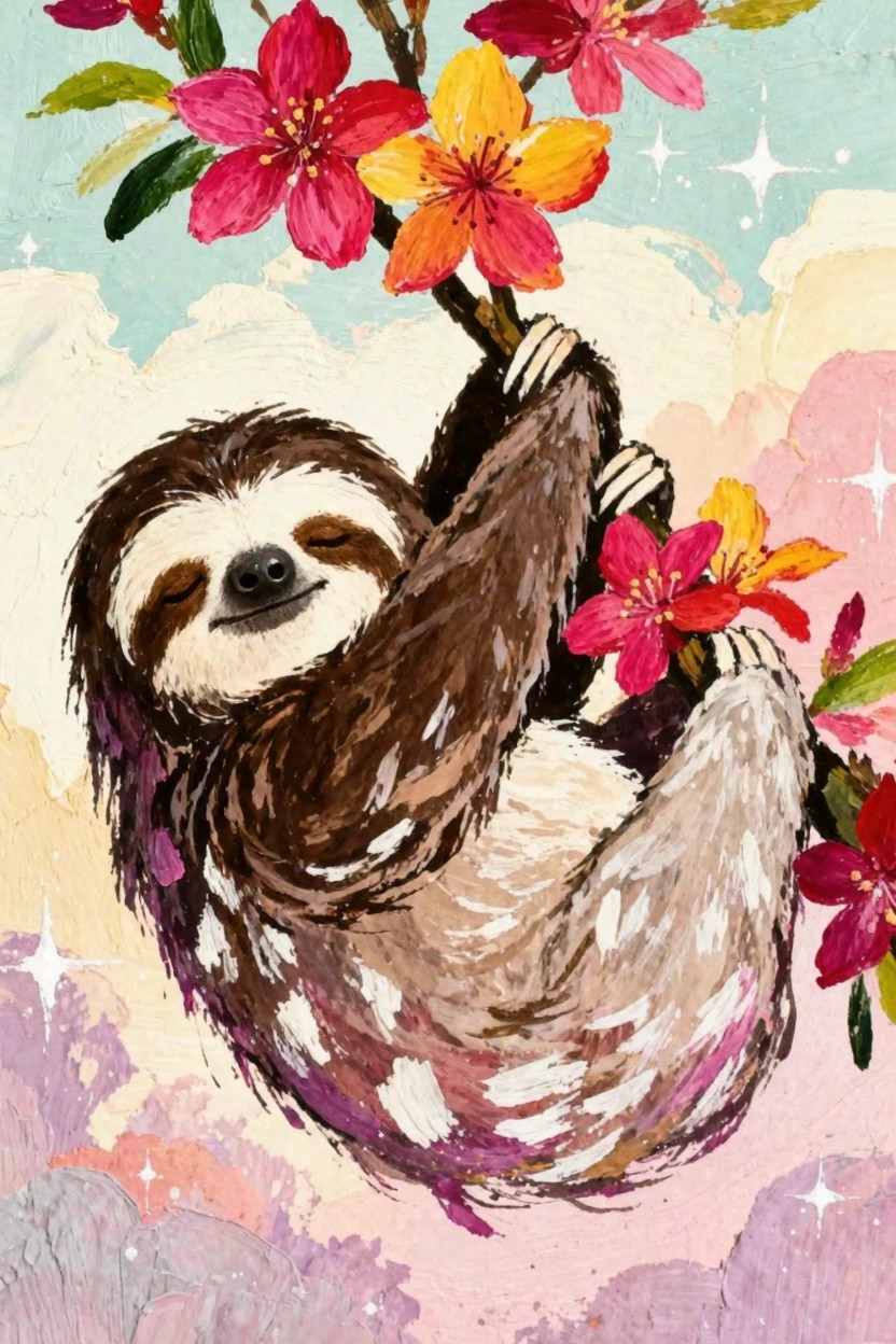 Brown sloth hangs upside down from branch holding pink and orange tropical flowers against pastel cloudy sky with sparkles.