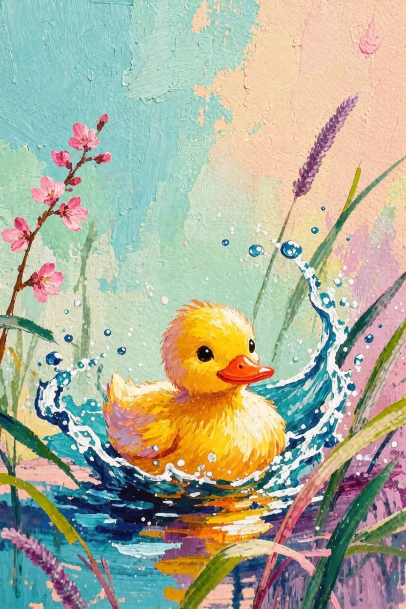 A yellow duckling splashes in blue water surrounded by green reeds, pink blossoms, and purple lavender on a teal-pink background.