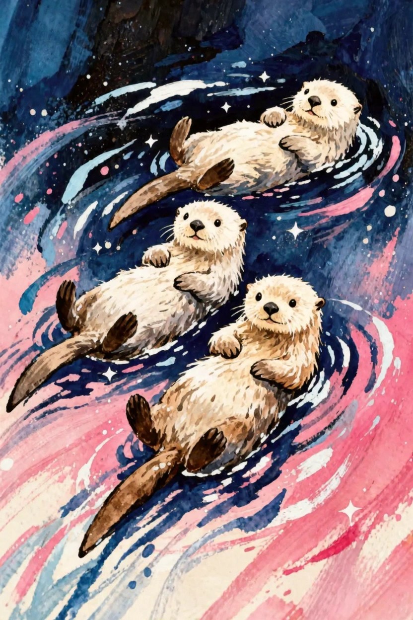 Watercolor-style painting of three otters holding paws and floating in a swirling starry background of blues and pinks.