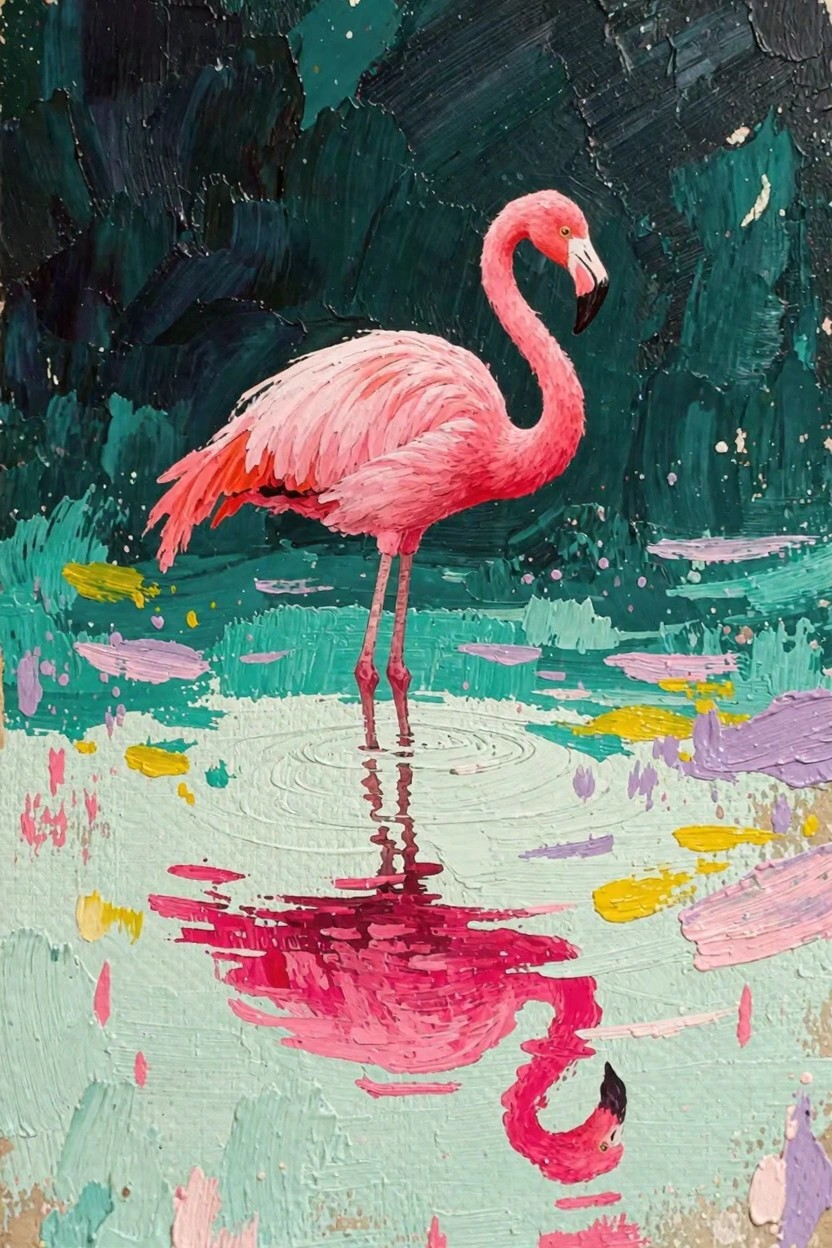 Pink flamingo stands in shallow colorful water with its reflection against a dark teal background.