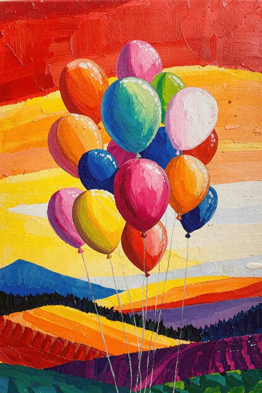 Vibrant painting of multicolored balloons clustered and floating above a sunset landscape with rolling purple and yellow fields and blue mountains.