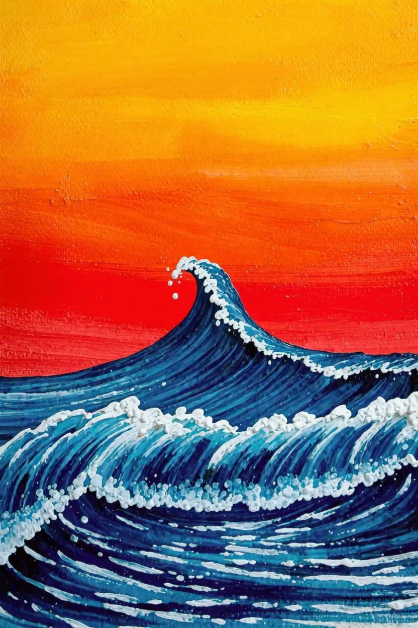 Acrylic painting of a large blue wave with white foam rising against an orange-to-red sunset sky.