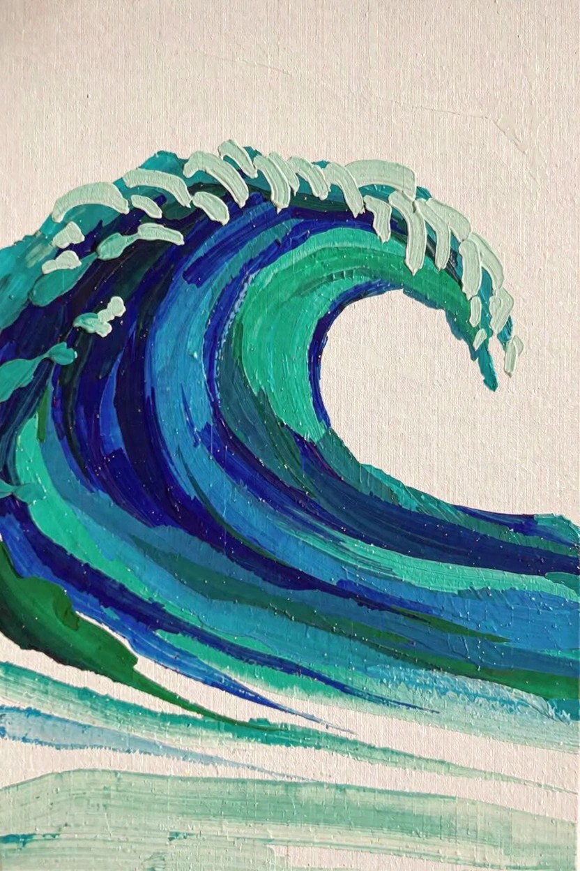 Acrylic painting of a curling turquoise and blue ocean wave with white foam on beige canvas.