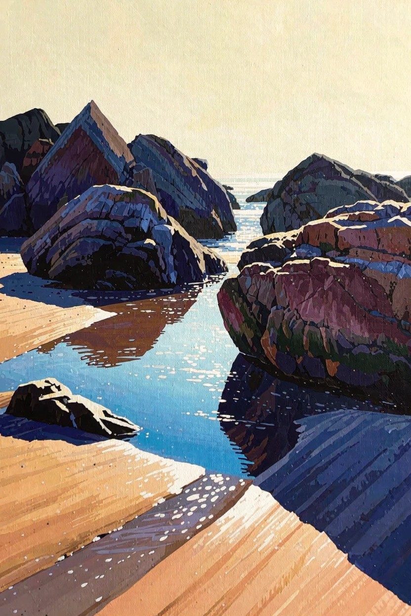 Painting of large angular rocks on a beach with shallow blue tidal pools and sandy foreground under warm yellow sunset light.