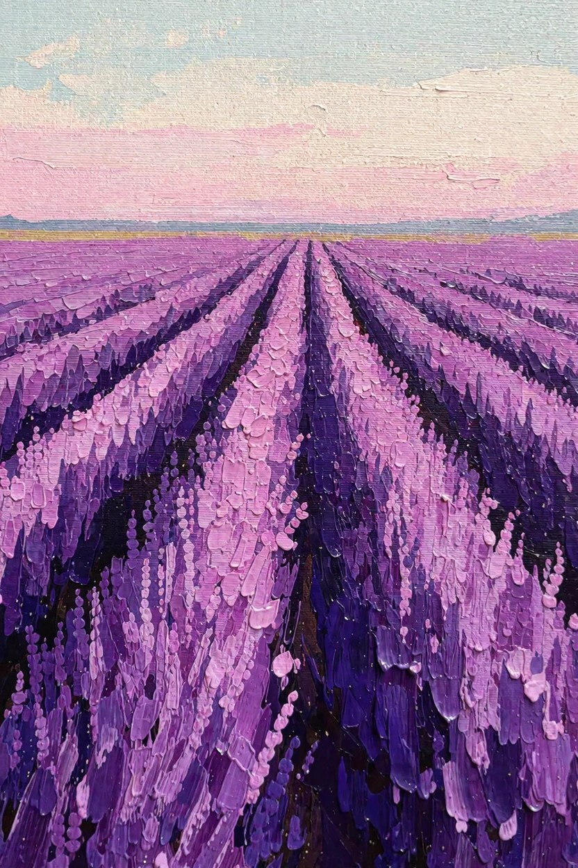 Acrylic painting of purple lavender rows stretching to a pink and blue horizon with textured brushstrokes.