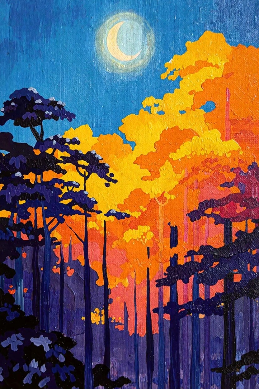 Vertical stylized painting of a crescent moon in a blue night sky above orange-yellow autumn trees framed by dark purple pine silhouettes.