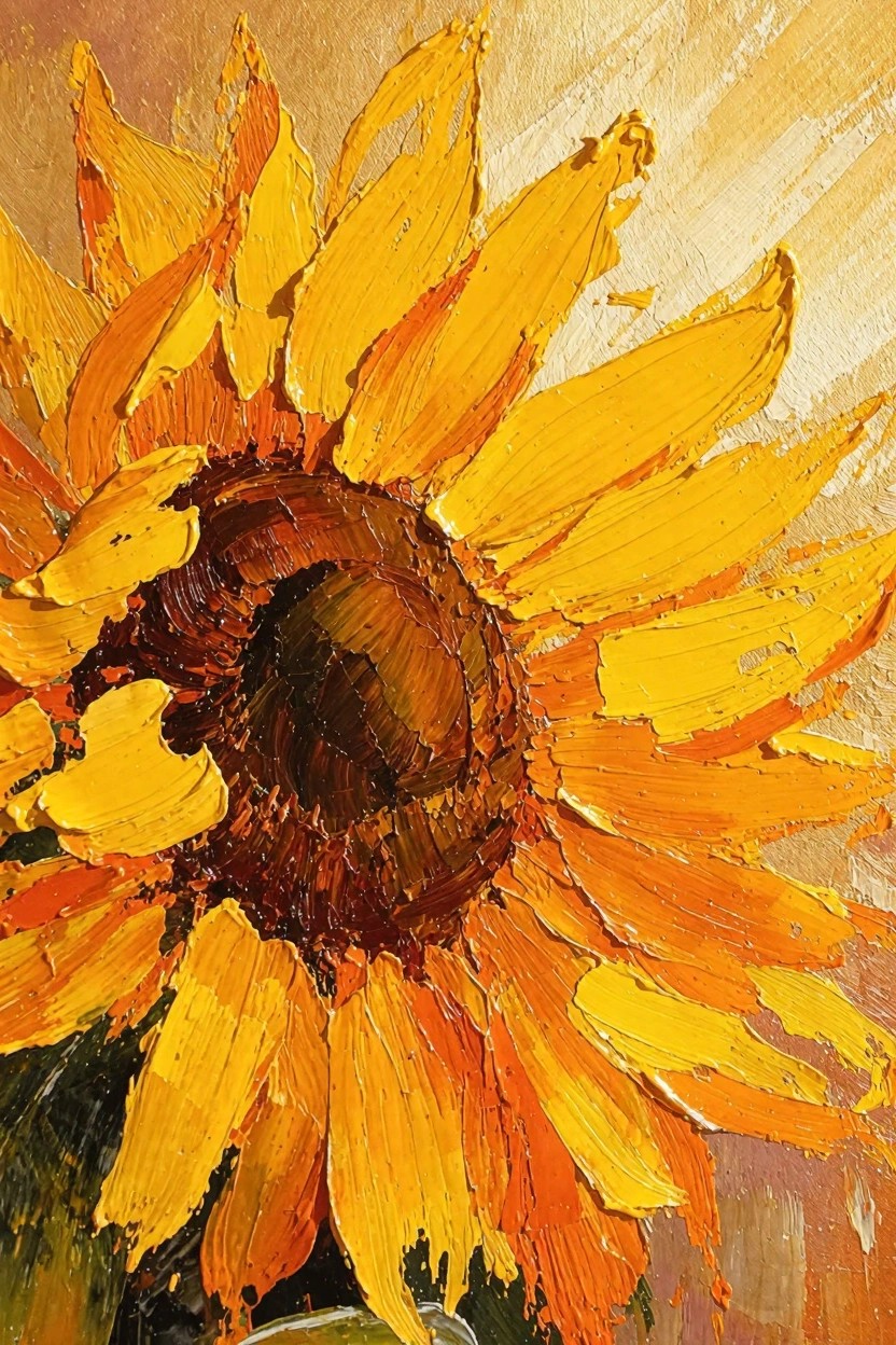 Close-up acrylic painting of a sunflower featuring yellow petals, brown center, and orange background with textured brushstrokes.