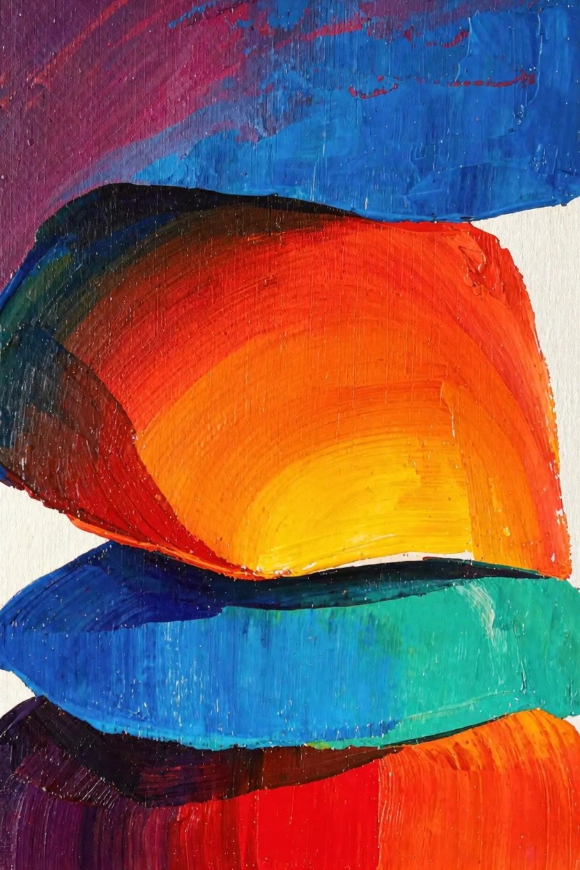 Abstract acrylic painting of stacked curved organic shapes in vibrant purple, blue, orange, yellow, green, and red with textured brushstrokes.