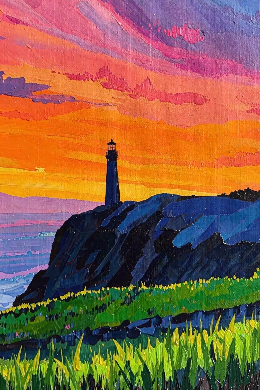Acrylic painting of a dark lighthouse on a rocky cliff with green grass at the base, ocean waves below, and a vibrant sunset sky in oranges, pinks, and purples.