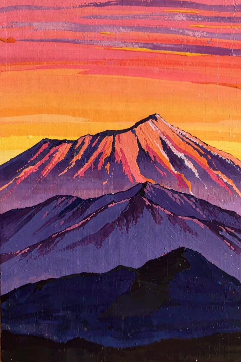 Stylized landscape painting of a mountain at sunset with orange-to-purple color gradients across layered ridges.
