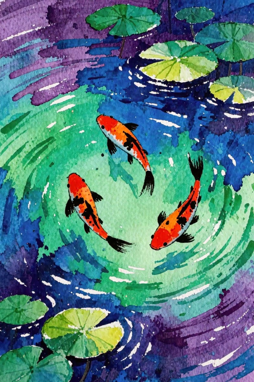 Watercolor-style painting of three orange koi fish circling in blue-green water with purple lily pads around the edges.