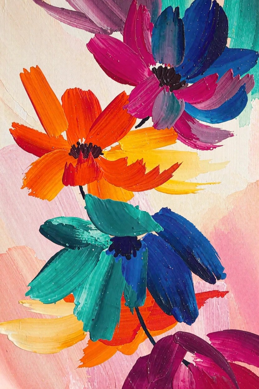 Abstract acrylic painting of overlapping flowers in orange, pink, purple, blue, teal, and green on a light pinkish background.