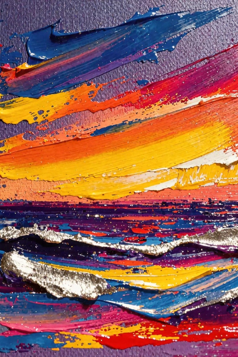Abstract acrylic painting of a sunset sky in sweeping oranges and yellows over textured purple-blue ocean waves with silver highlights.