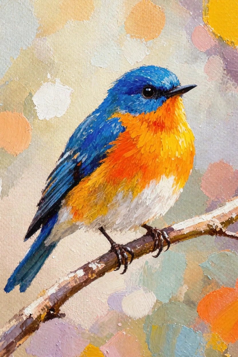 Painting of a blue-headed bird with orange chest and white belly perched on a branch with blurred colorful background dots.