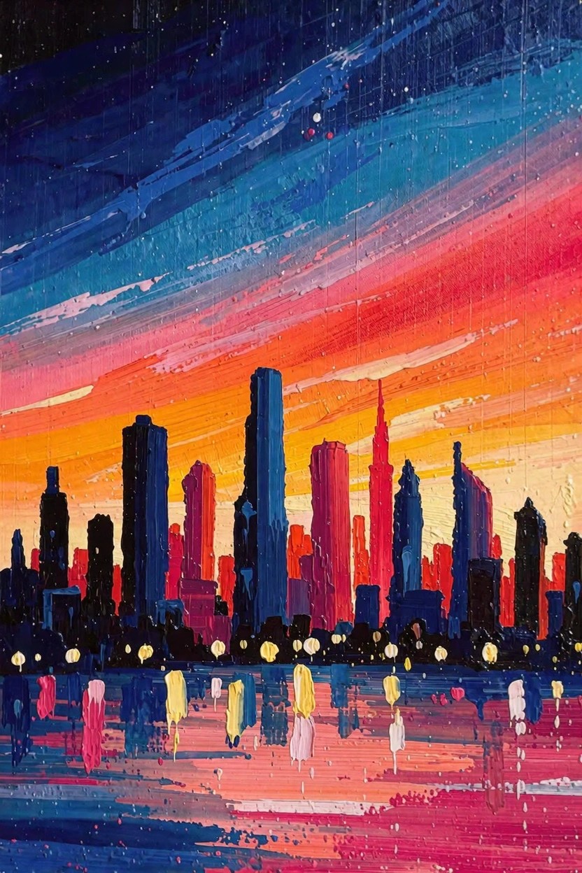 Impasto acrylic painting of a colorful city skyline at sunset reflected in foreground water.