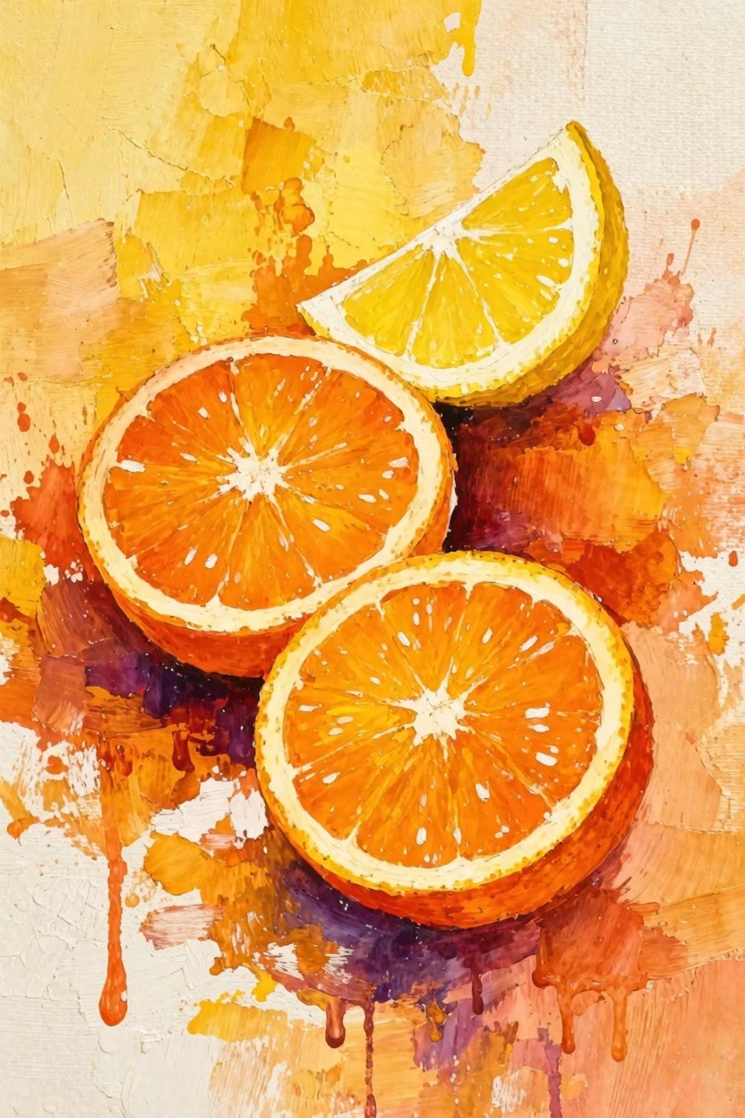 Watercolor-style painting of two halved oranges and one lemon slice overlapping with yellow-orange splashes on beige paper.
