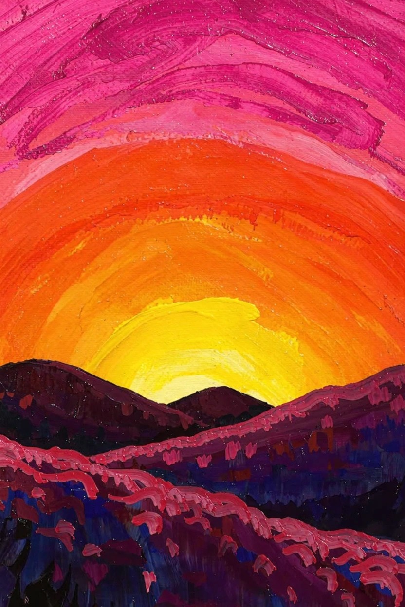 Acrylic painting of a circular yellow-orange sun setting over purple hills under a pink-purple-orange sky with thick brushstrokes.