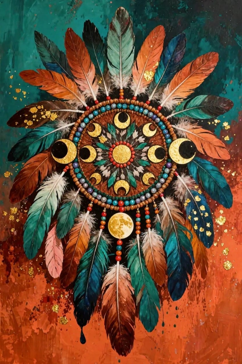 Colorful dreamcatcher with central gold mandala of moons and beads, surrounded by teal and orange feathers on a textured teal-orange background.