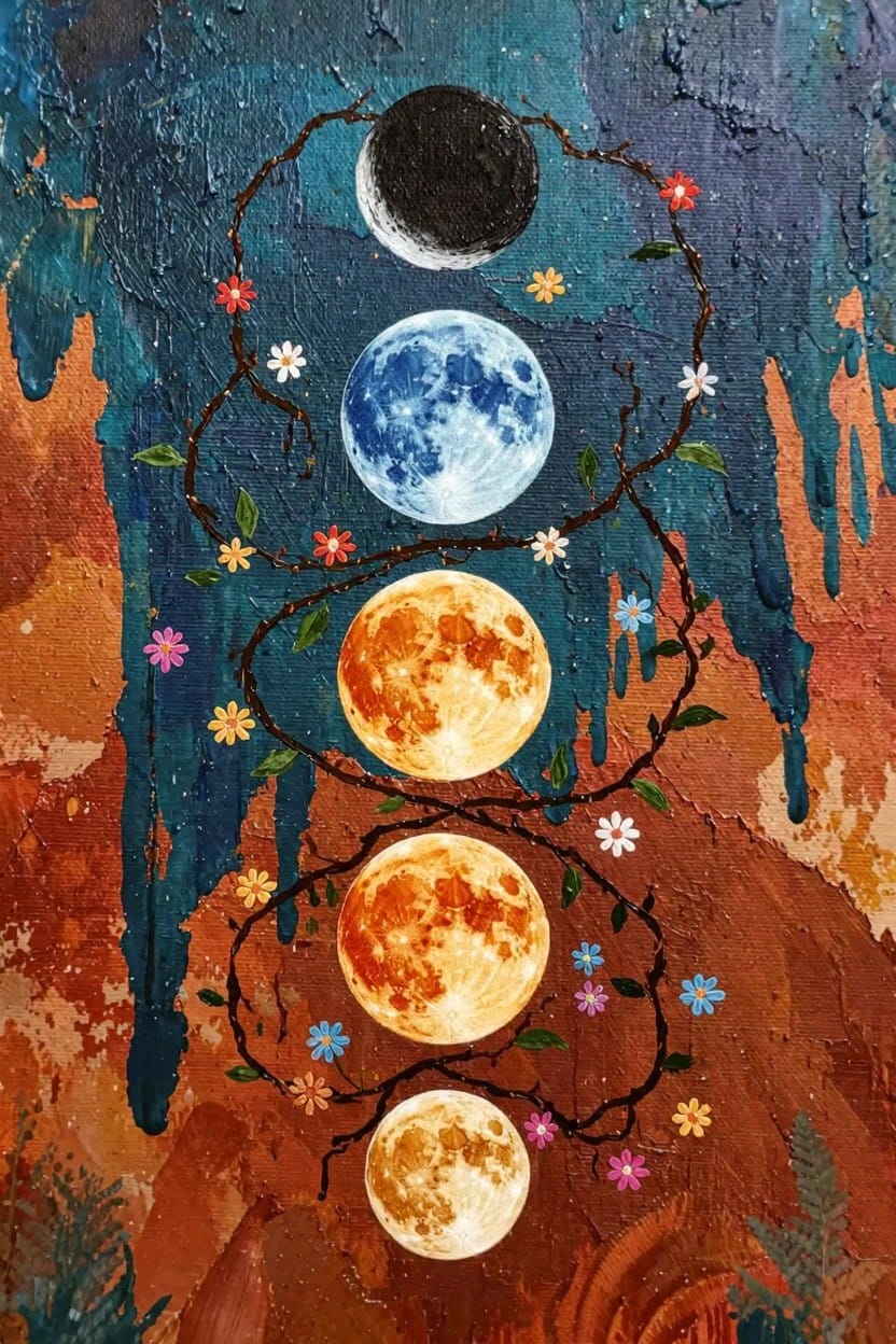 Vertical acrylic painting of four colored moons in different phases linked by branches with flowers on a textured blue-orange background.