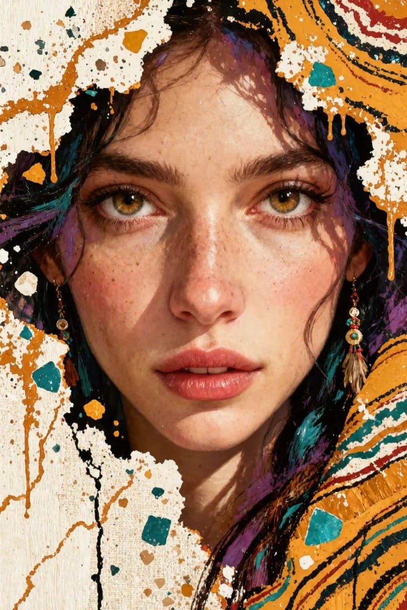 Close-up portrait of a freckled woman with green eyes and turquoise earrings surrounded by orange, purple, and white abstract paint splatters and drips.