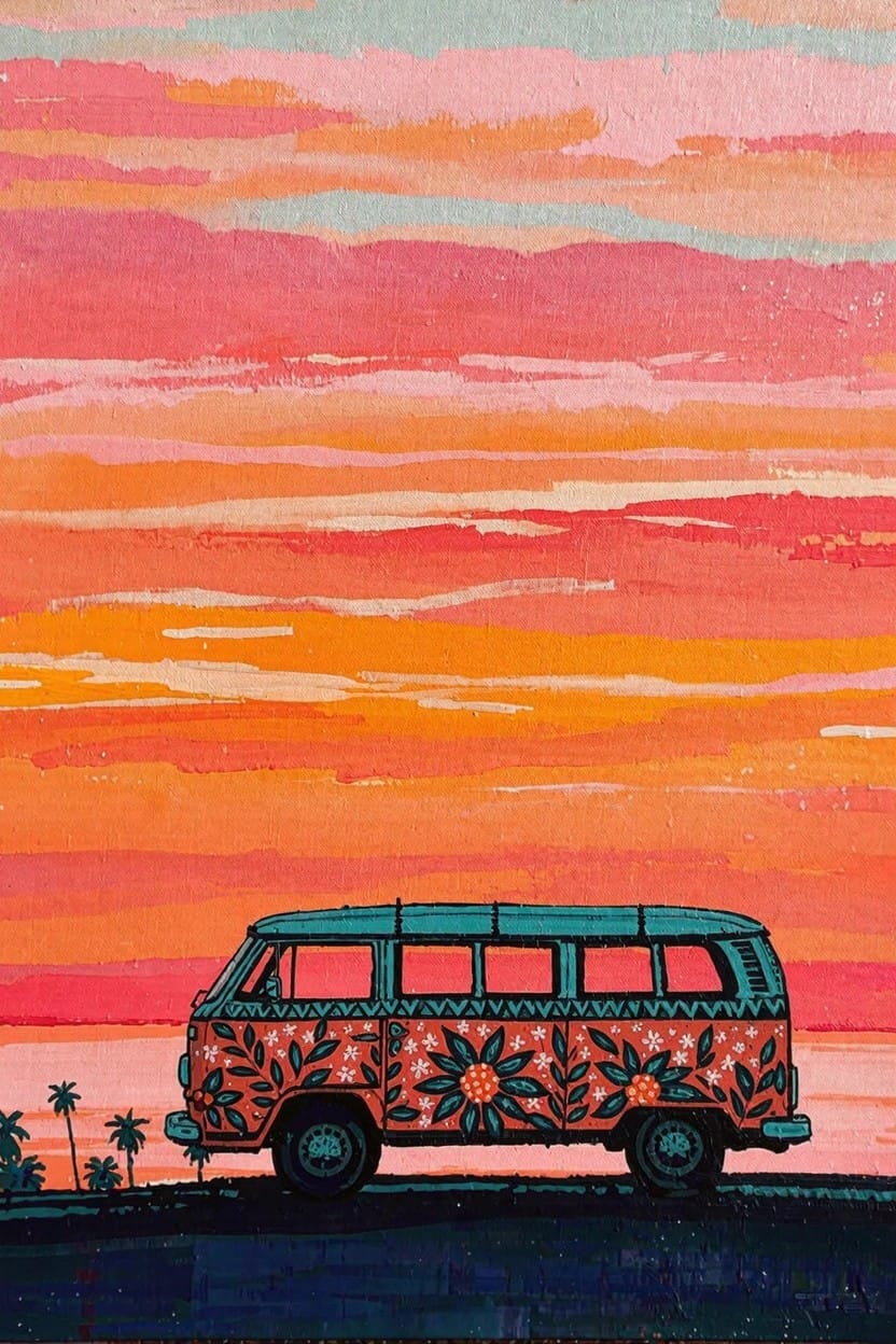 A vibrant painting of a red and turquoise VW bus with floral designs parked on a hill above a beach at sunset under a pink-to-orange sky with palm trees.