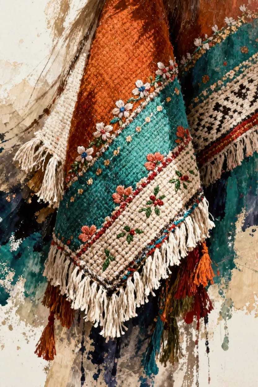 Close-up of orange and teal embroidered shawls with fringe details draped and overlapping against a textured background.