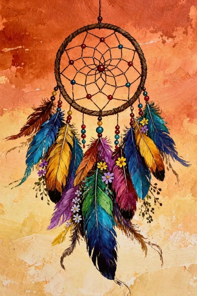 A detailed painting of a dreamcatcher with a red beaded web and multicolored feathers dangling from an orange watercolor background.