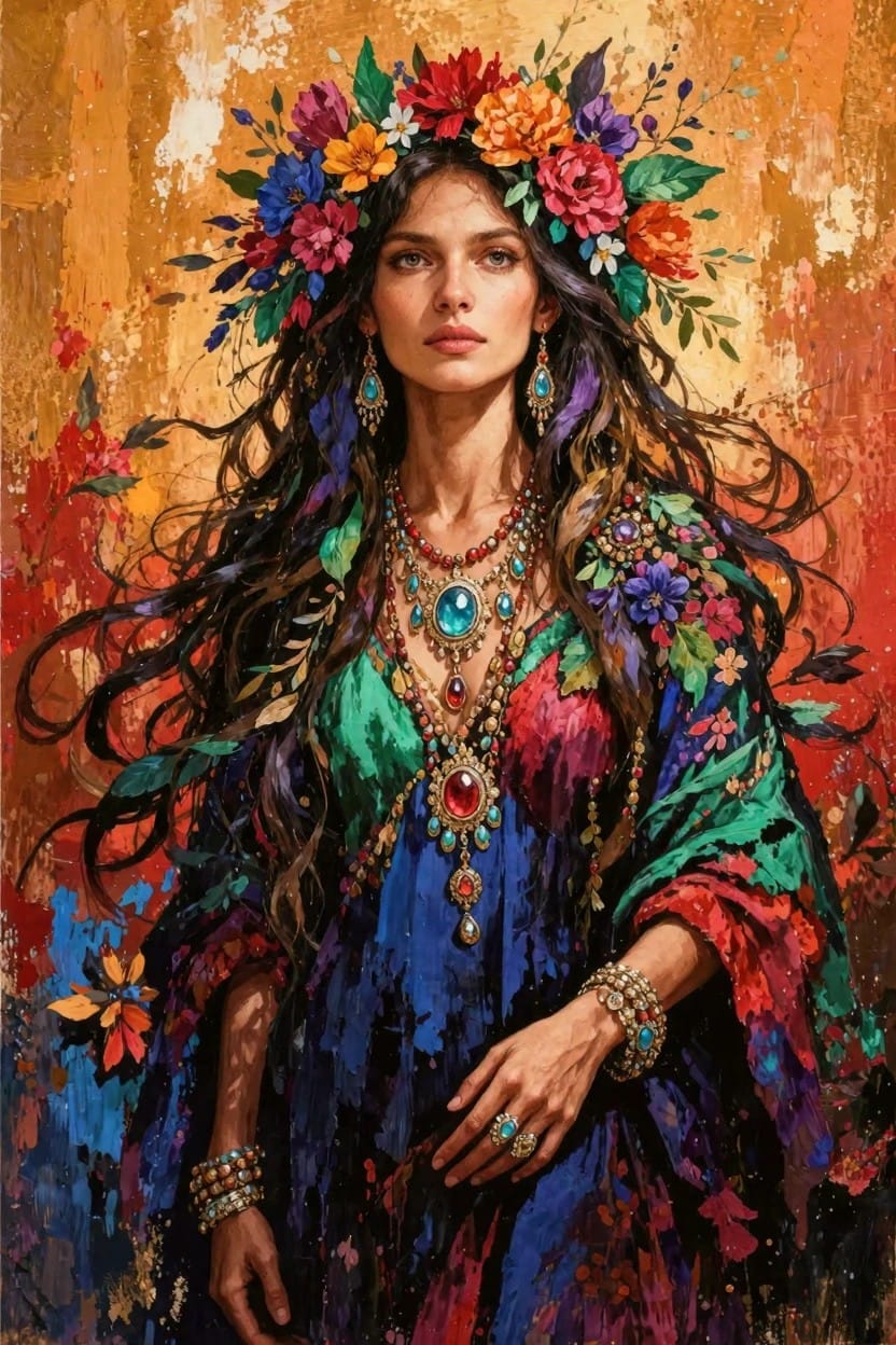 A detailed painting of a woman with dark wavy hair, wearing a vibrant multicolored flower crown, turquoise and red jewelry, and a flowing blue-green dress with red shawl against a textured orange-red background.