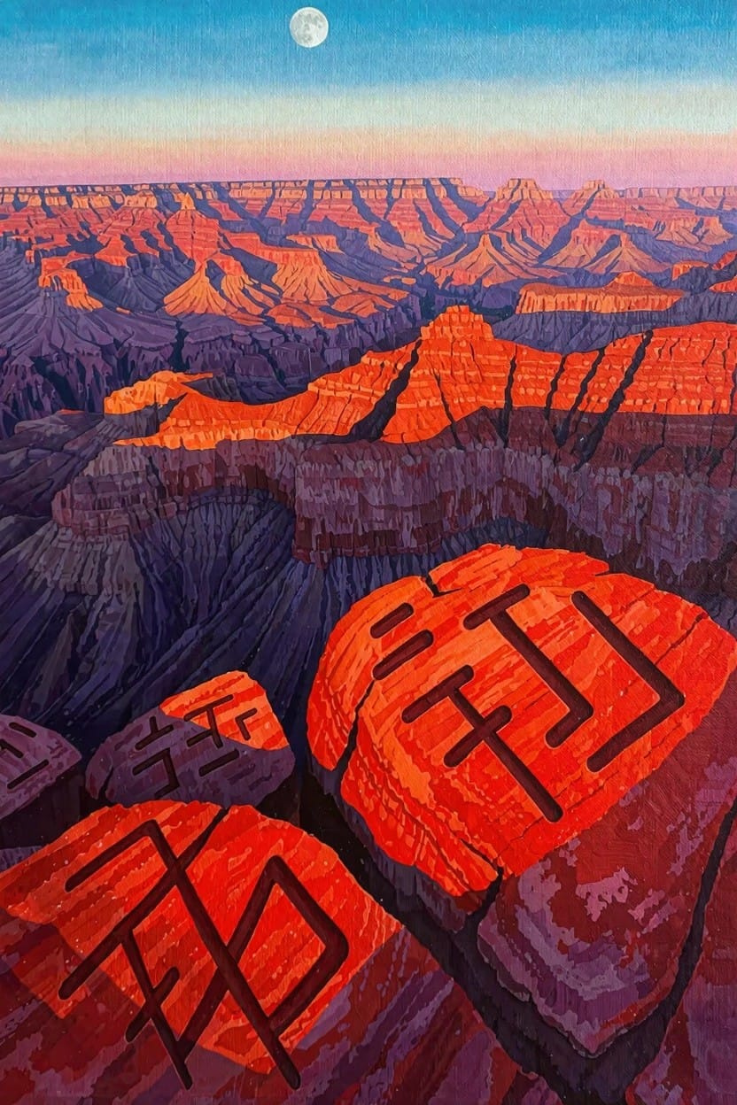 Vibrant acrylic-style Grand Canyon landscape at sunset with layered red-orange cliffs, a full moon, and large Chinese characters on rocks.