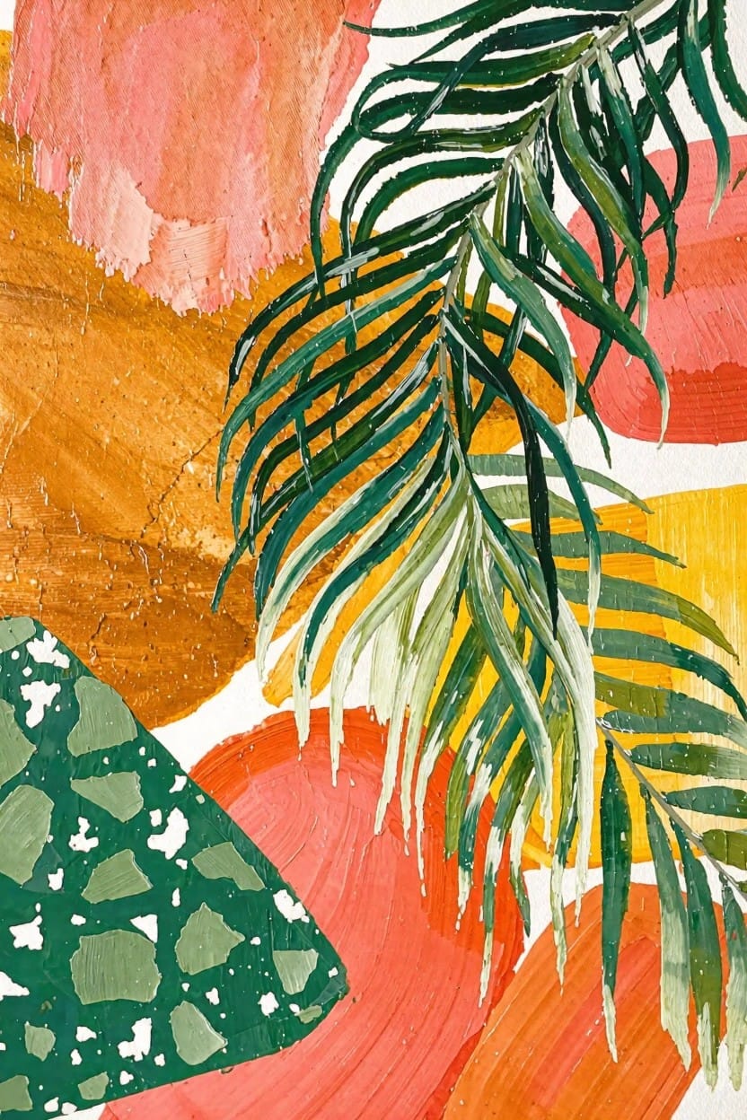 Abstract artwork featuring green palm leaves overlapping organic pink, orange, yellow, and green shapes on a white background.