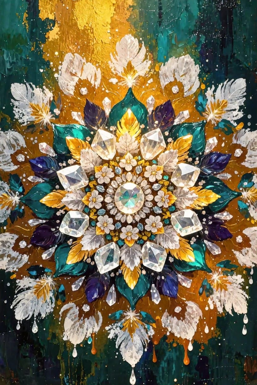 Detailed radial mandala in emerald green, gold, purple, and white with jeweled center, leaves, flowers, and textured splattered background.