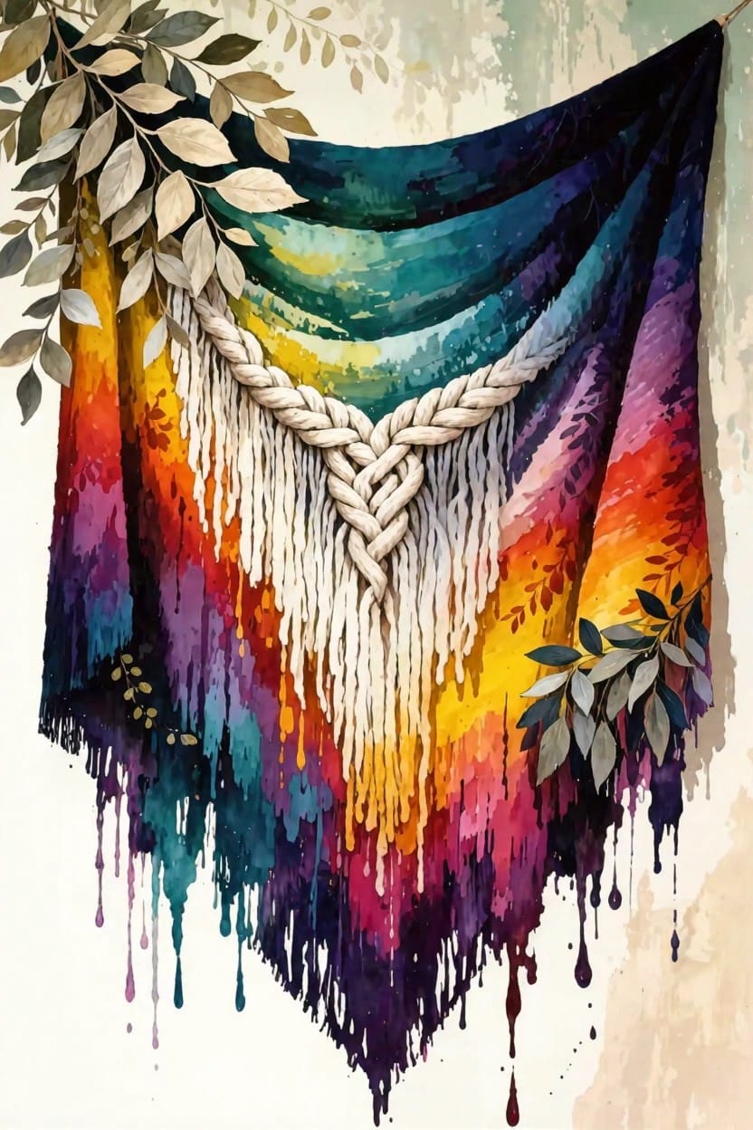 Colorful painting of a draped rainbow wall hanging with braided center, fringes, and side leaves.