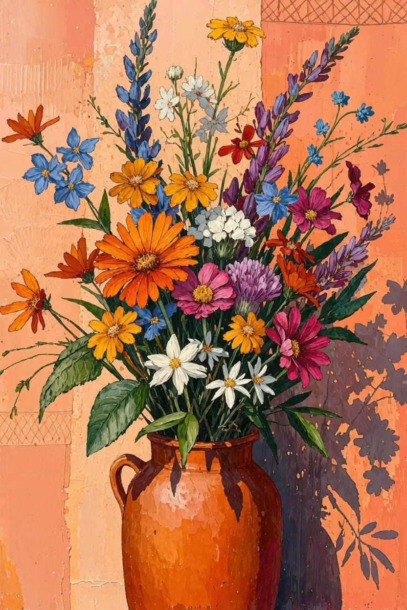 A colorful still life painting of mixed wildflowers in a terracotta pot against a textured orange background with shadows.