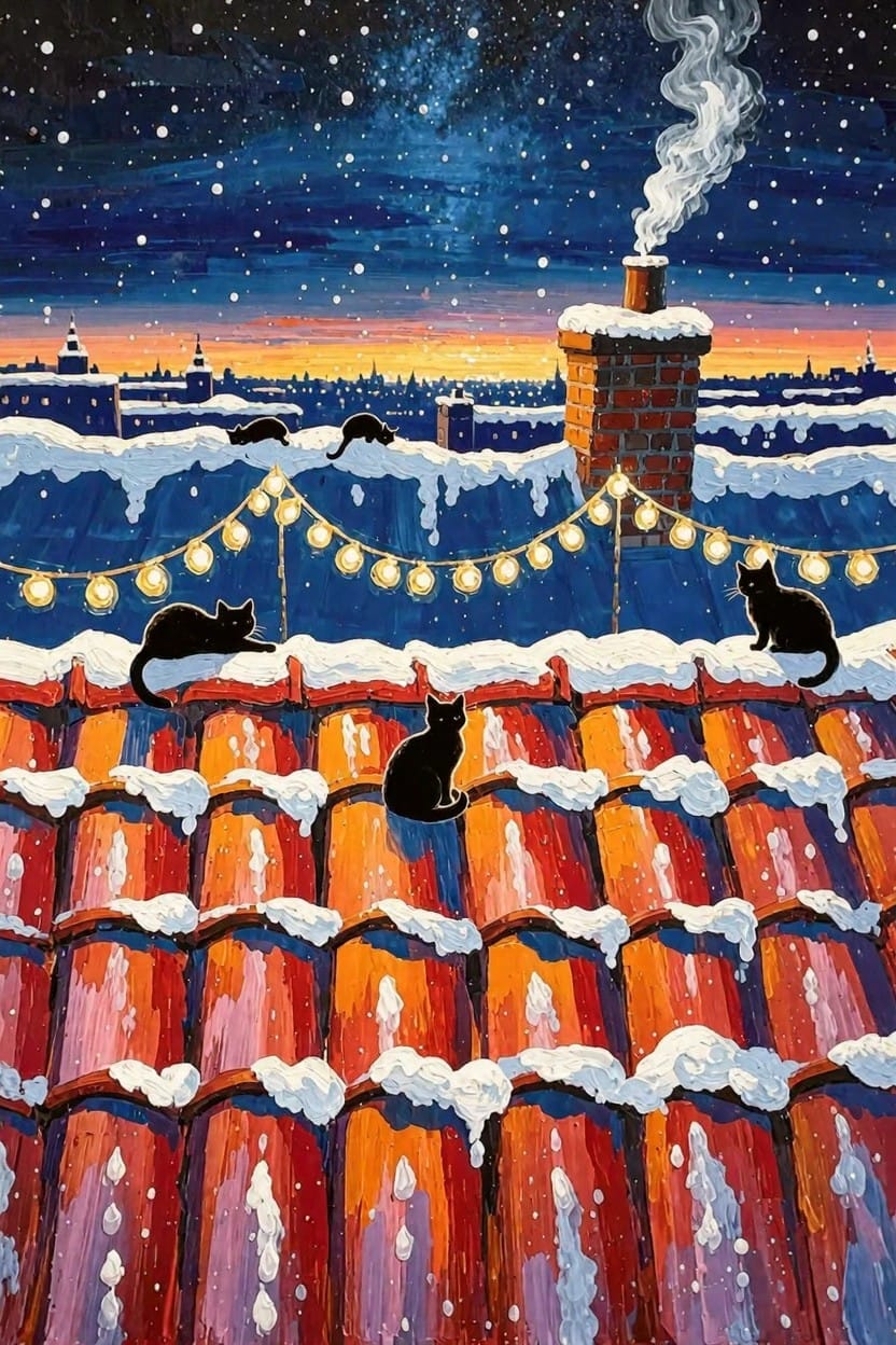 Black silhouette cats on snow-covered red rooftops with chimney smoke, string lights, starry sunset sky, and distant city skyline.