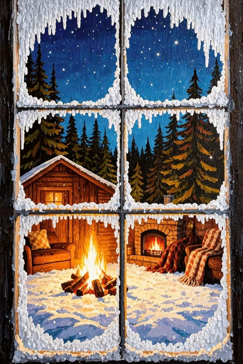 Painting of a frosted window frame showing cabin interior with fireplace and chairs alongside snowy forest and night sky outside.