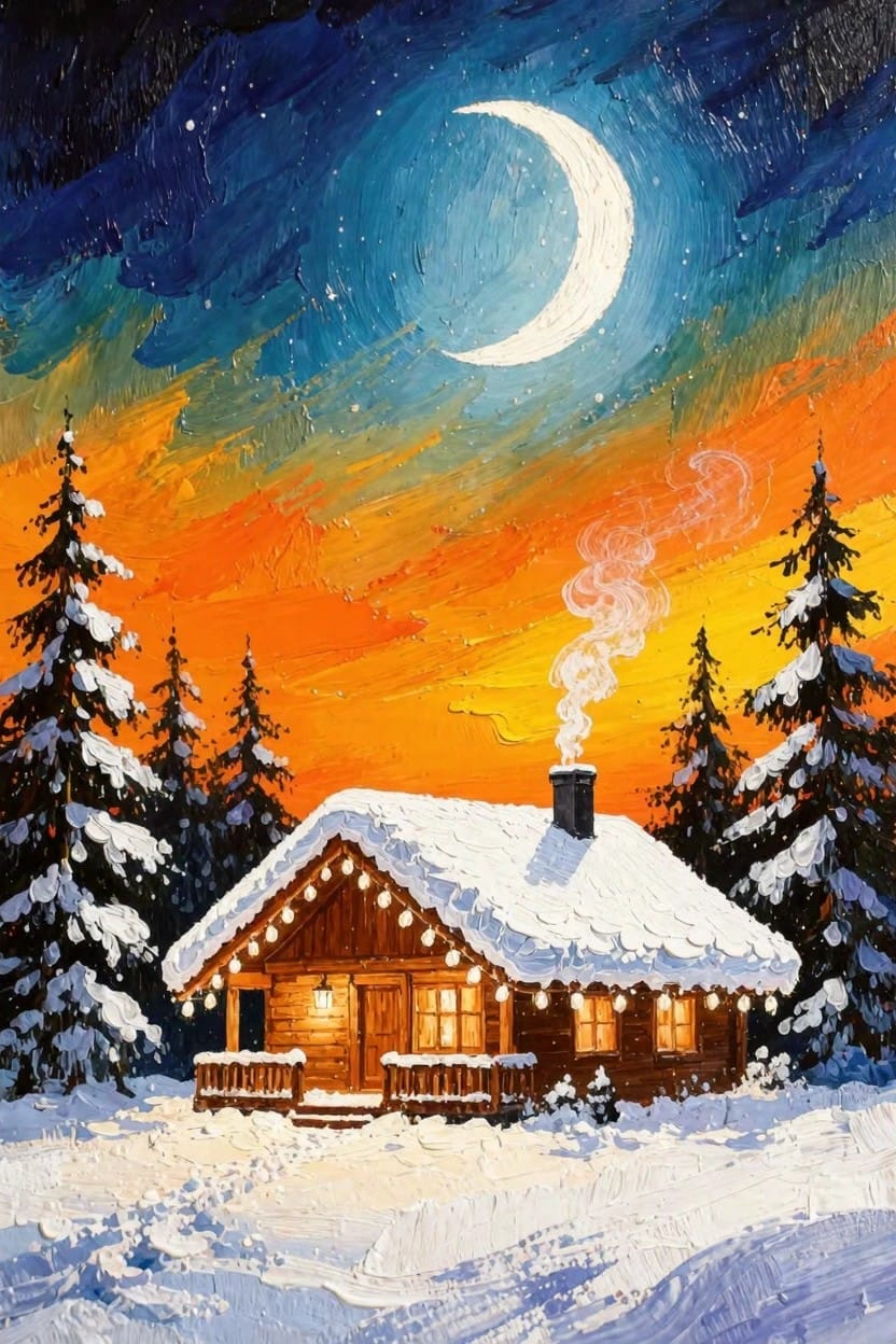 Painting of a lit wooden cabin covered in snow amid pine trees, with chimney smoke under a crescent moon in a blue-to-orange starry sky.