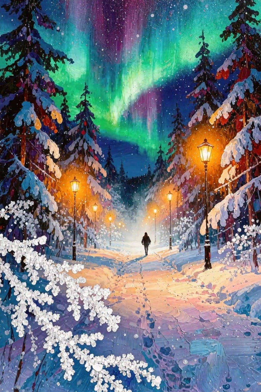 Snowy path lined with lanterns and evergreens under purple-green northern lights, with a walking figure in the foreground.