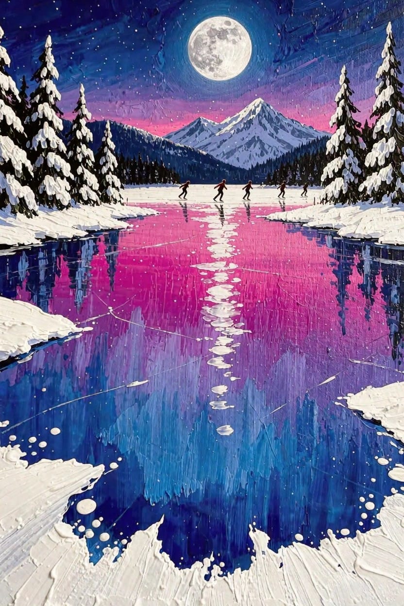 Vibrant winter landscape painting of ice skaters on a purple-pink reflective frozen river under a full moon, with snowy pine trees and mountains at night.
