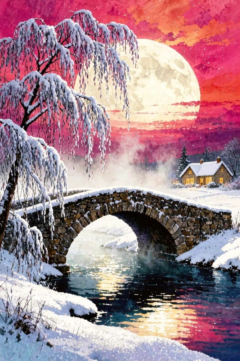 Winter landscape painting showing a snowy weeping willow tree beside a stone bridge over a stream, with a full moon in a pink sunset sky and a small lit house in the background.