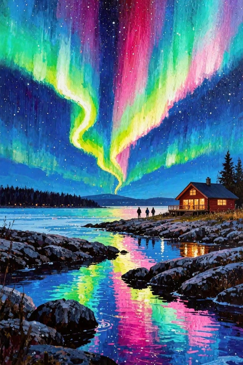 Vibrant painting of northern lights arching over a red cabin by a reflective stream with trees, rocks, and starry sky.