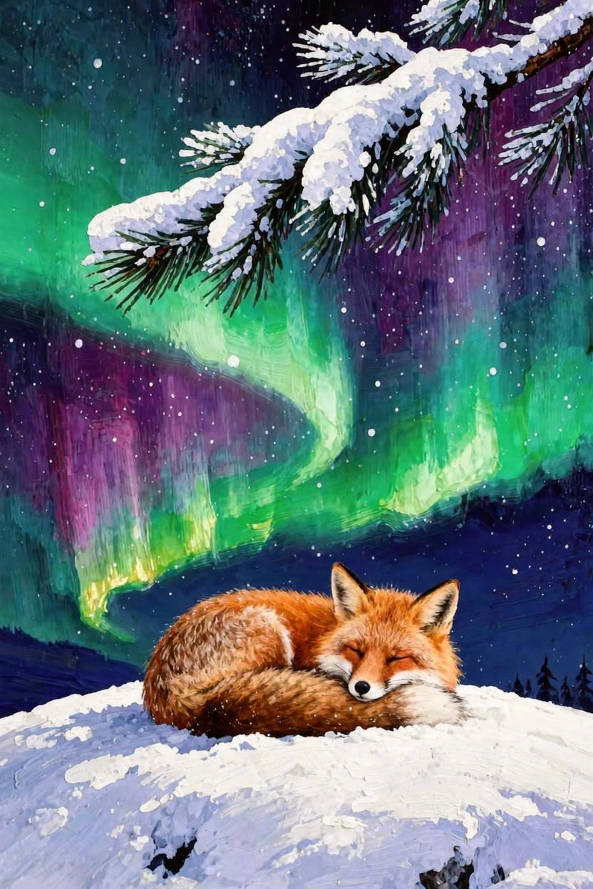 Red fox curled asleep on snow under a snowy pine branch with northern lights, stars, and dark sky in the background.